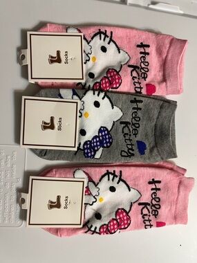 Hello Kitty Kids Socks- 2 Pink & 1 Gray 3 Pair Bundle Fits up to Adult 5/6 NWT.